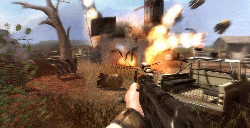 The player fires an AK-47 and causes a big explosion in Far Cry 2.