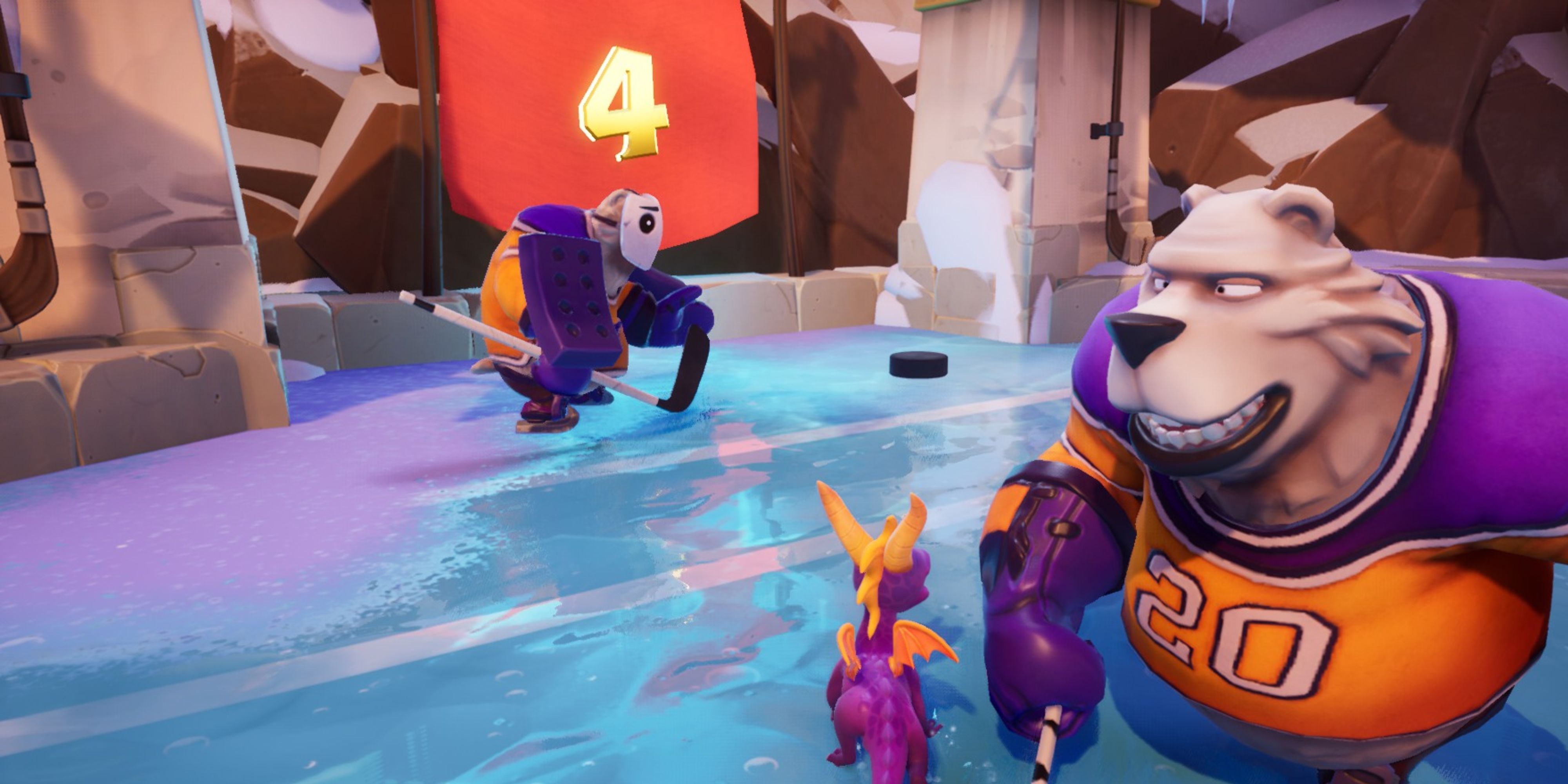 Spyro playing ice hockey in Colossus