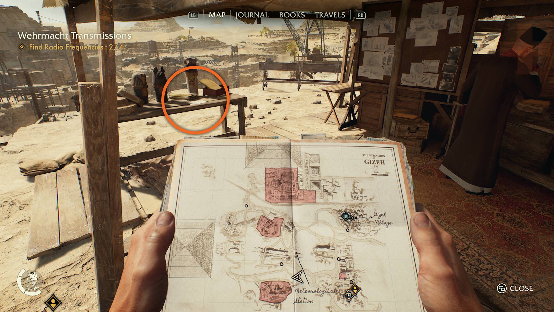 Indiana Jones and the Great Circle Secret of the Queen Mother Indy holding map near Omar's tent showing where the dig site map is