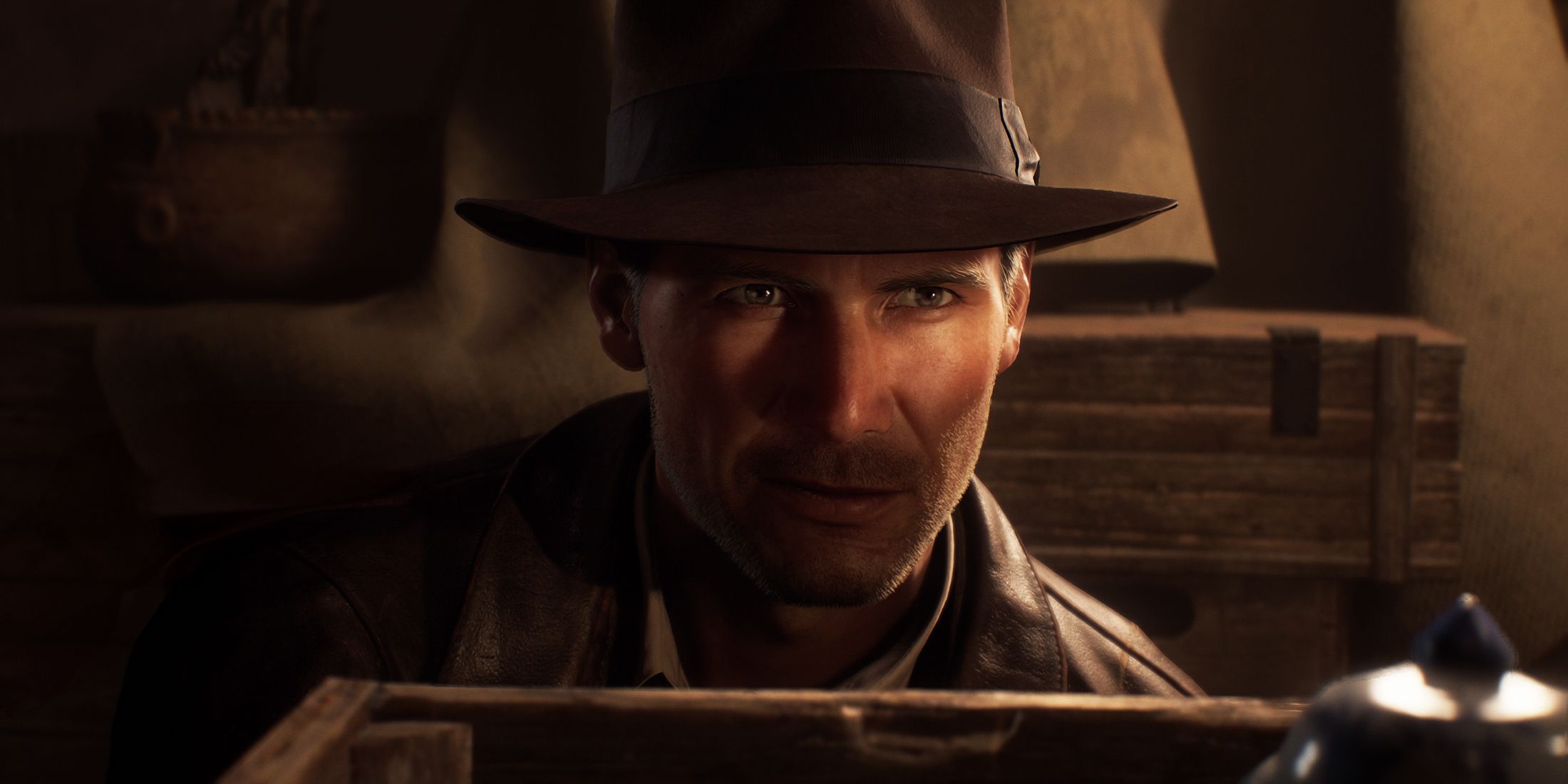 Indy looking over a box in Indiana Jones and the Great Circle