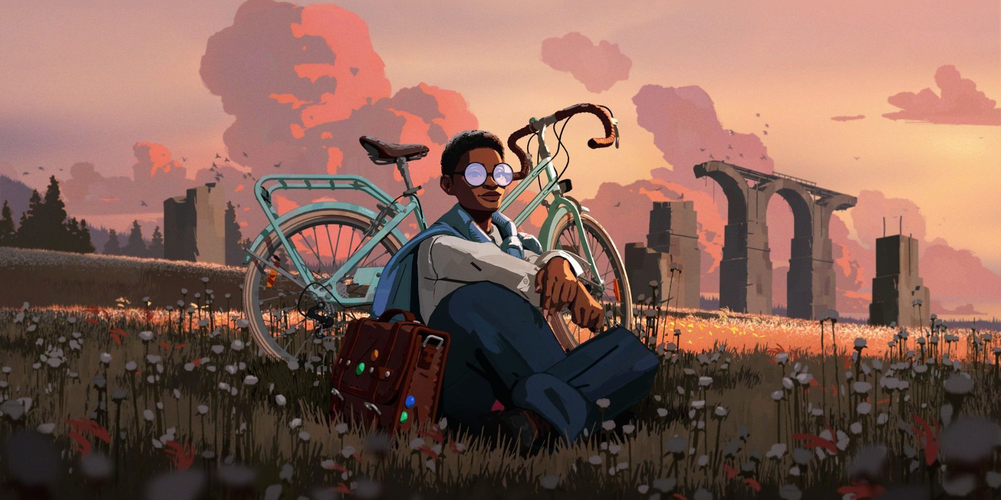 Cover art of Season: A Letter to the Future, featuring the protagonist sitting on the grass next to her bike, surrounded by a serene and picturesque landscape.