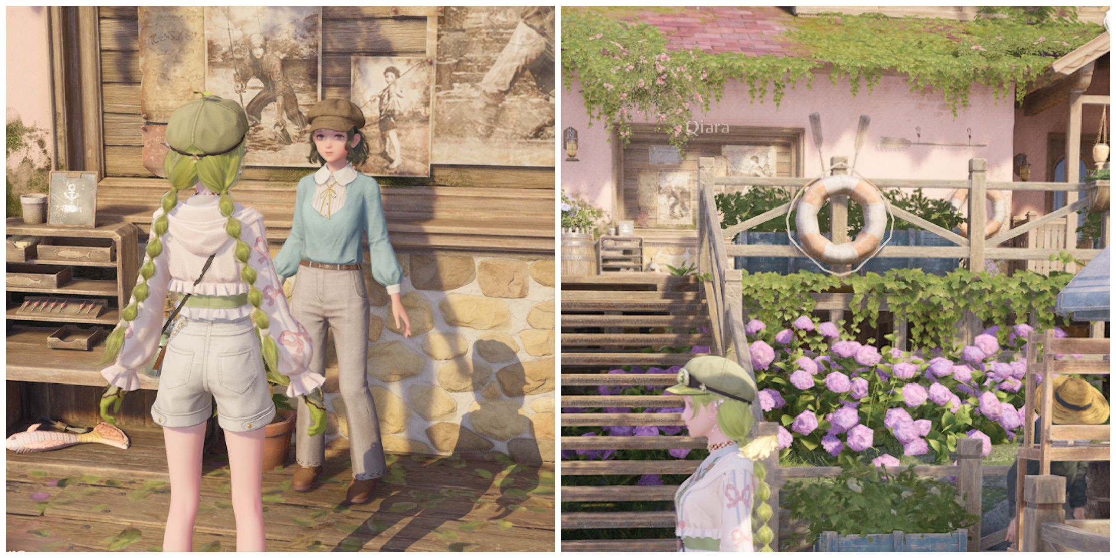 Split image of Nikki with Qiara and the long-eared bunny picture in Infinity Nikki