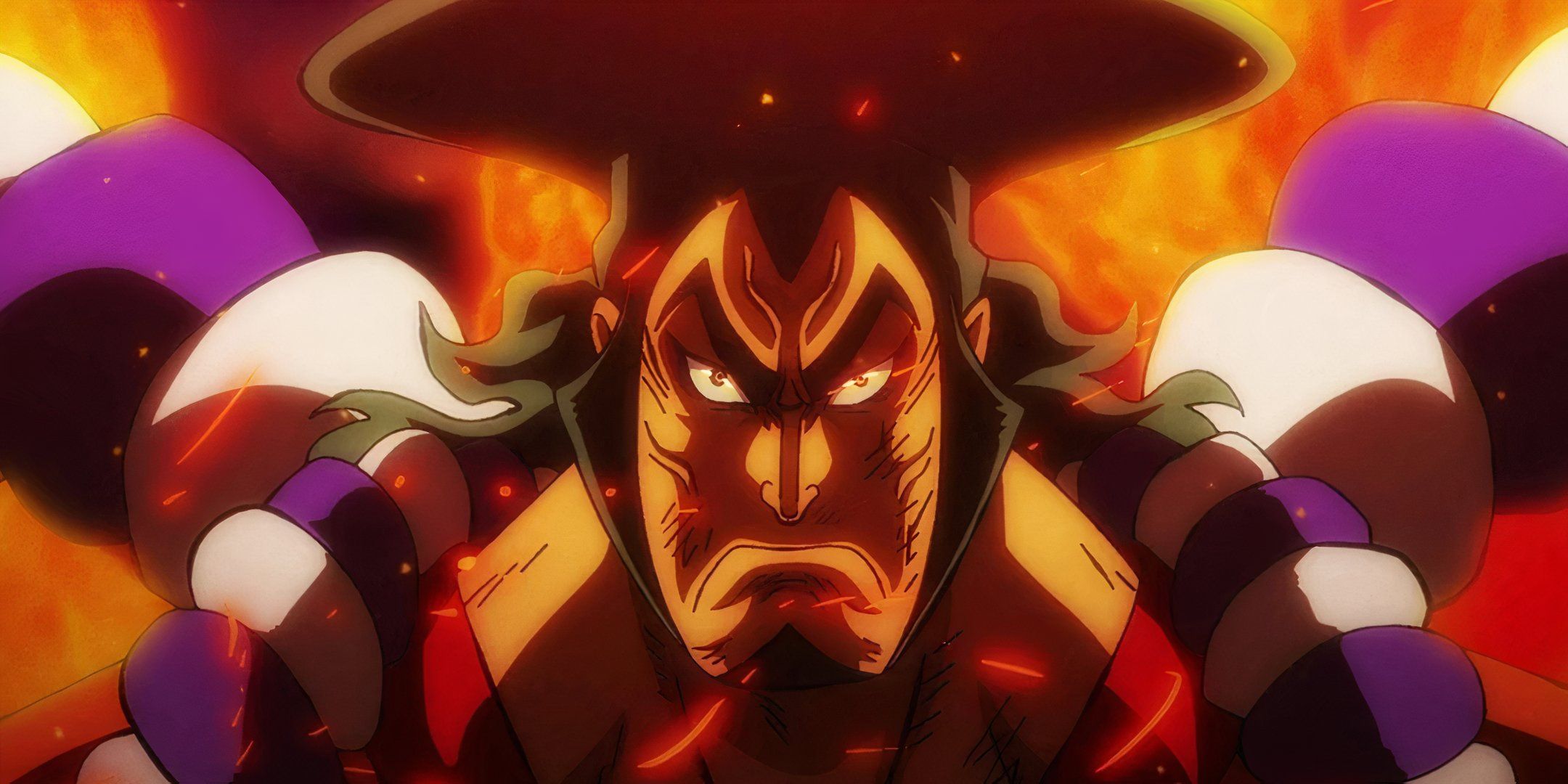 Oden from One Piece with an extremely angered expression on his face, surrounded by embers of fire and the background ablaze with flames.