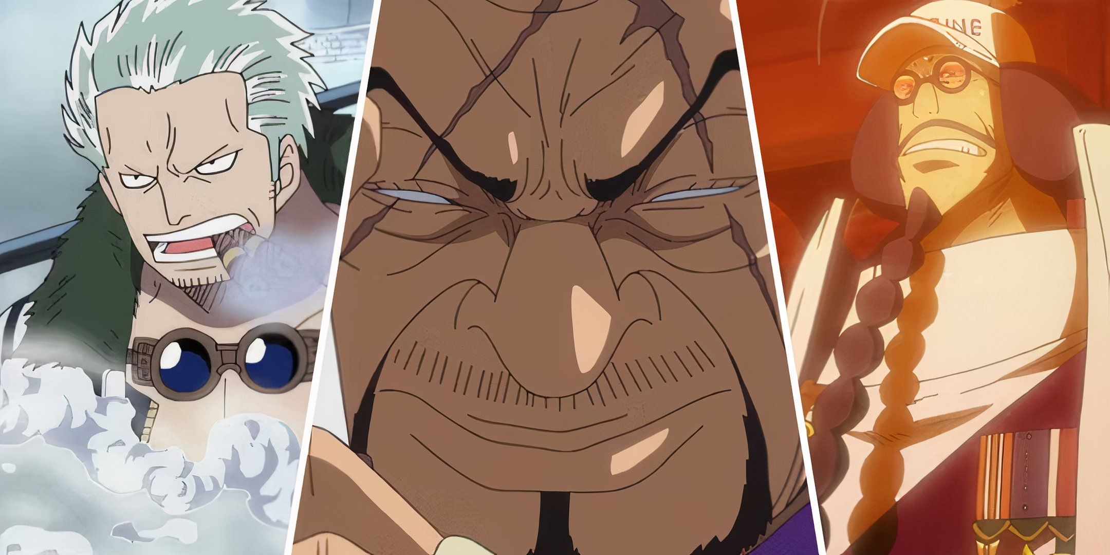 A collage showing Smoker, Fujitora, and Sengoku side by side from One Piece. 