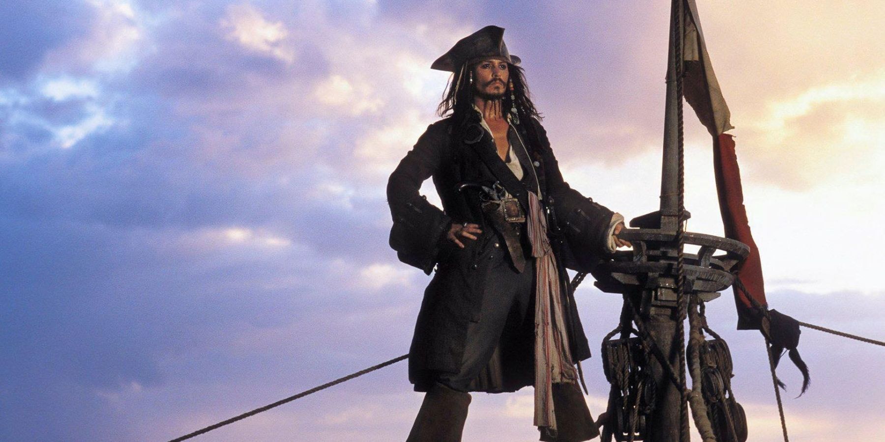 A movie screenshot of Captain Jack Sparrow from Disney's Pirates of the Caribbean, as portrayed by Johnny Depp.