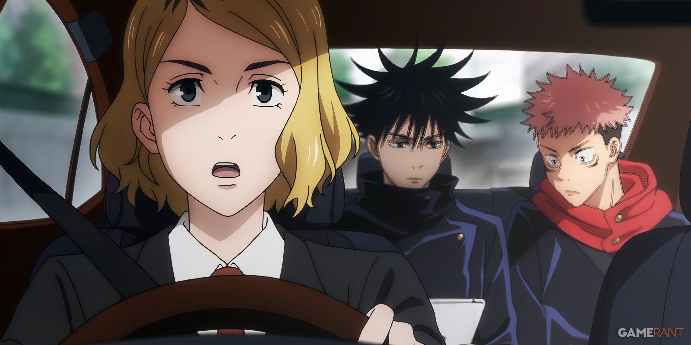 Akari transports Nobara, Megumi, and Yuji to an investigation point in Jujutsu Kaisen.