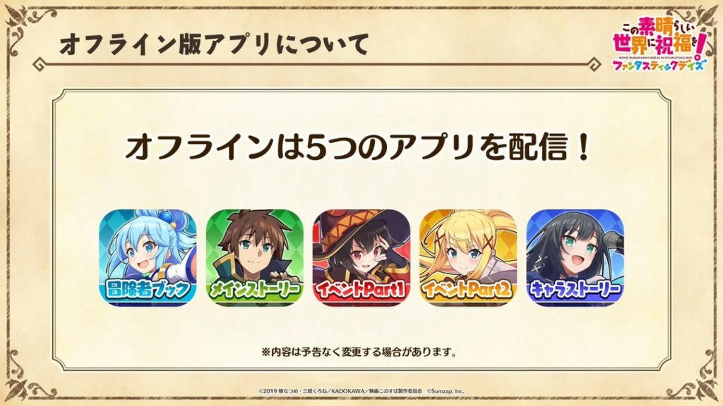 Konosuba Fantastic Days announces five offline apps cover