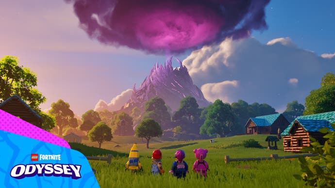 Lego Fortnite Odyssey screenshot showing storm clouds gathering.