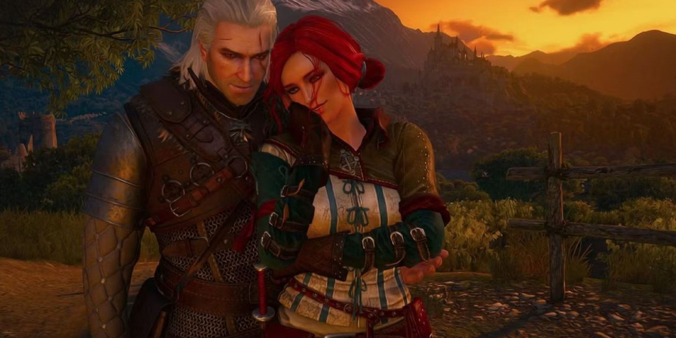 Geralt and Triss sharing a tender moment during sunset in The Witcher 3: Wild Hunt, with a picturesque landscape in the background.