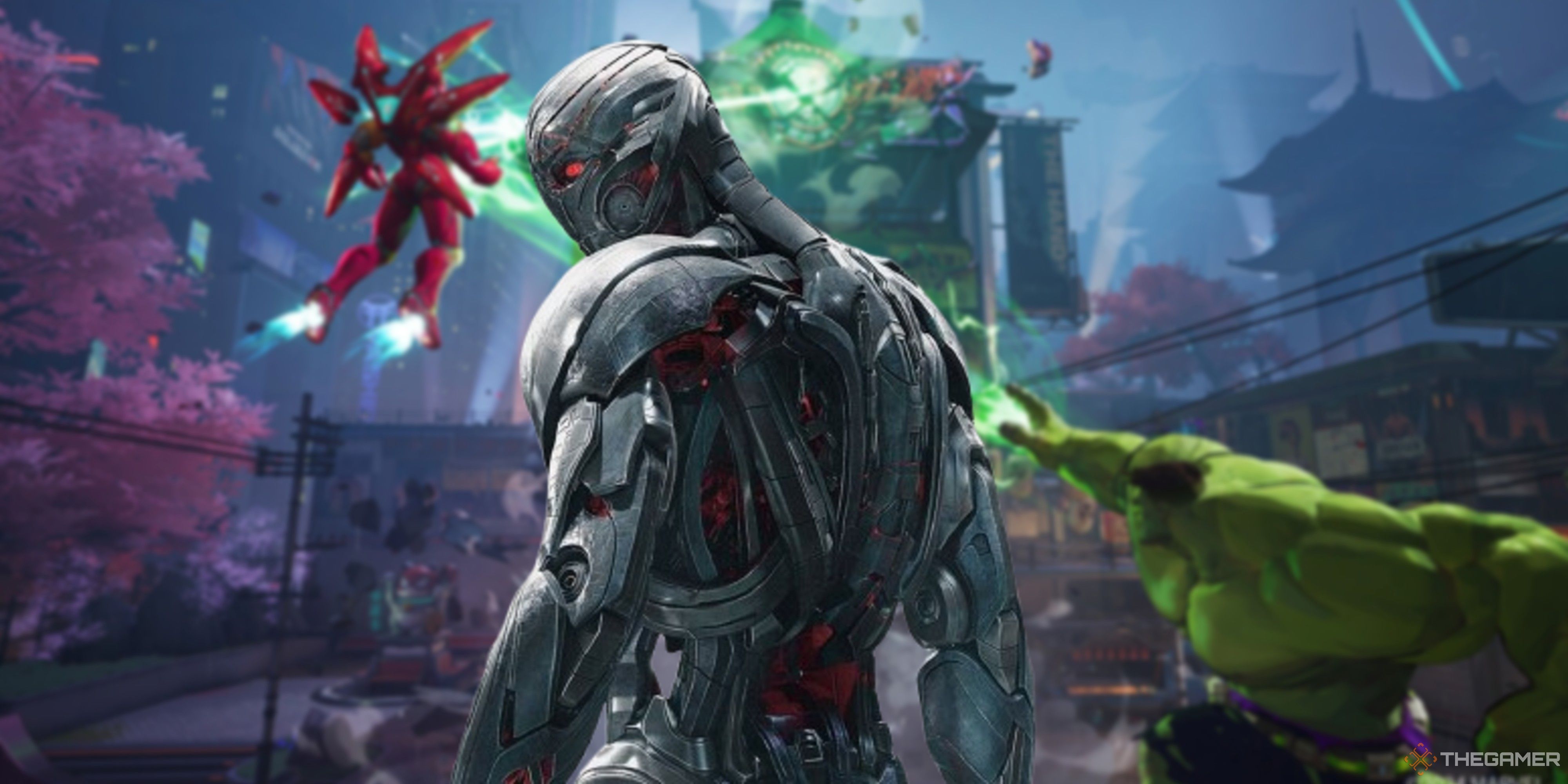 ultron standing in front of hulk powering up iron man in marvel rivals.