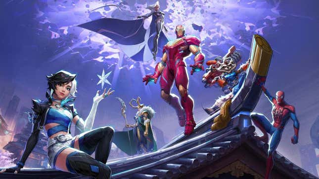 Luna Snow, Loki, Storm, Iron Man, Rocket Raccoon, and Spider-Man are shown perched on top of a building.