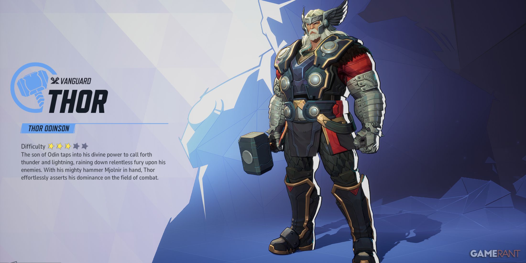 Thor in Marvel Rivals with ability description and difficulty rating displayed