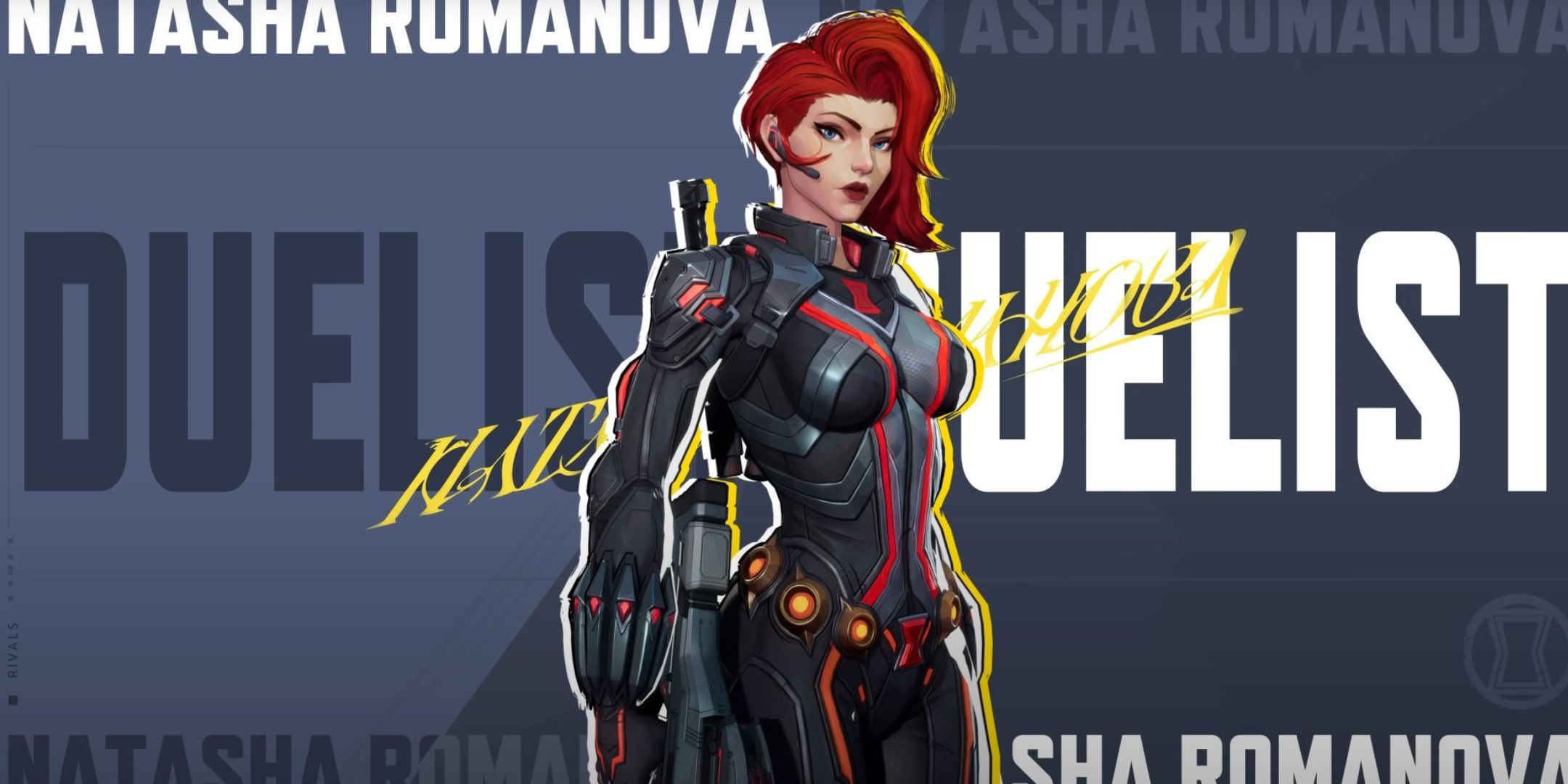 Black Widow in Marvel Rivals - a woman with bright red hair and black and red armour