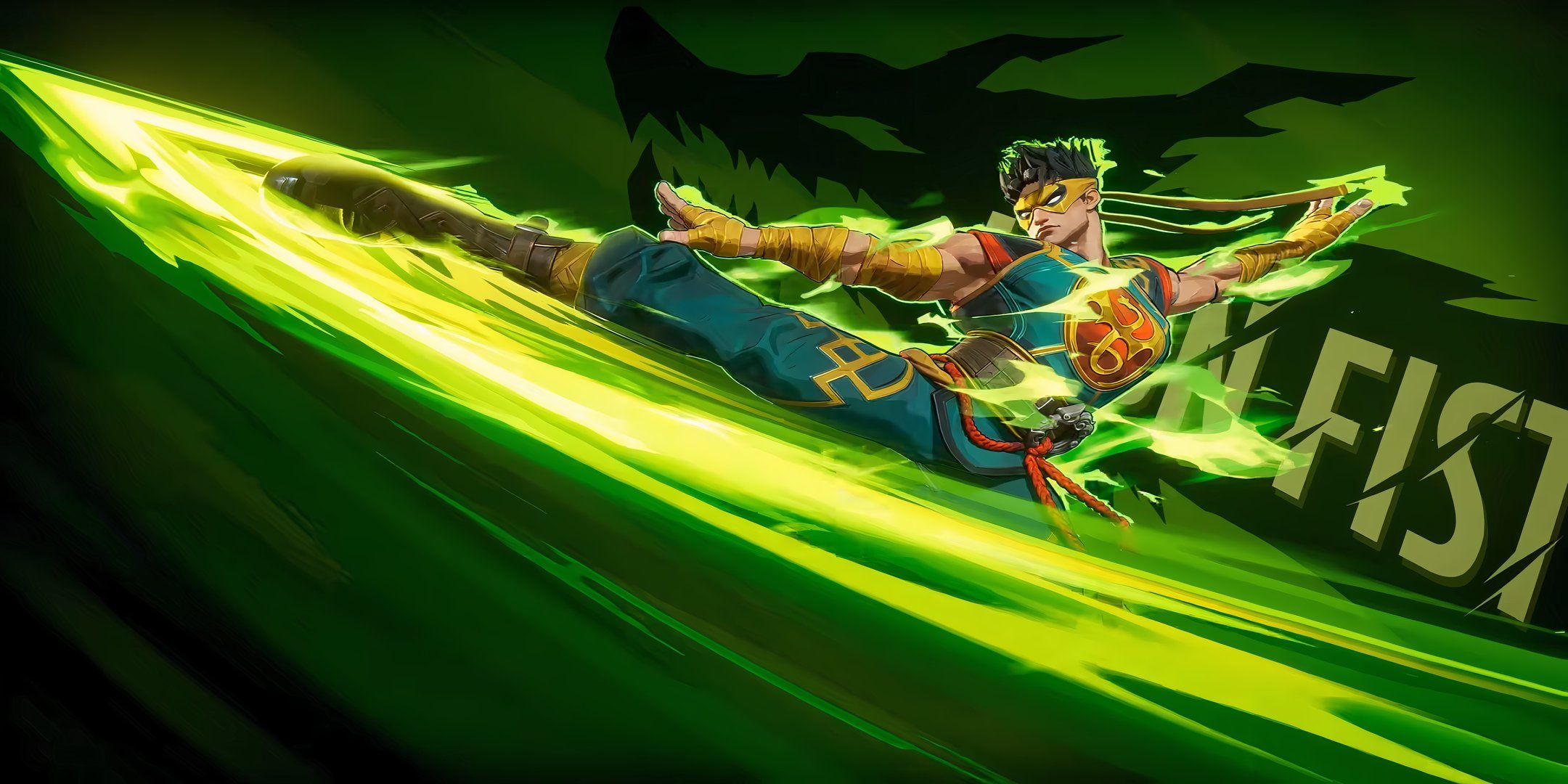 Iron Fist using a flying kick against a green backdrop