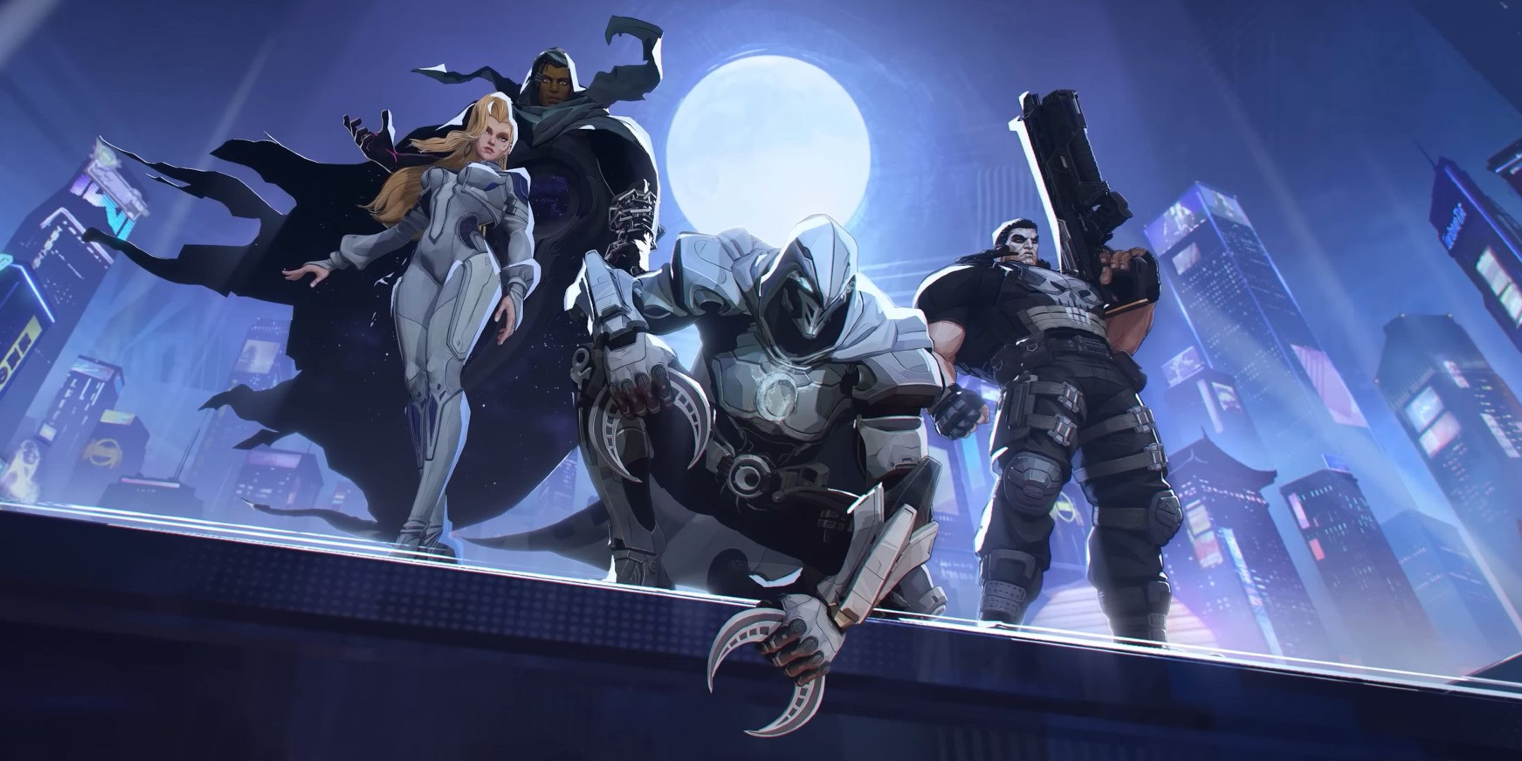 Cloak and Dagger, Moon Knight, and The Punisher on a rooftop in Marvel Rivals