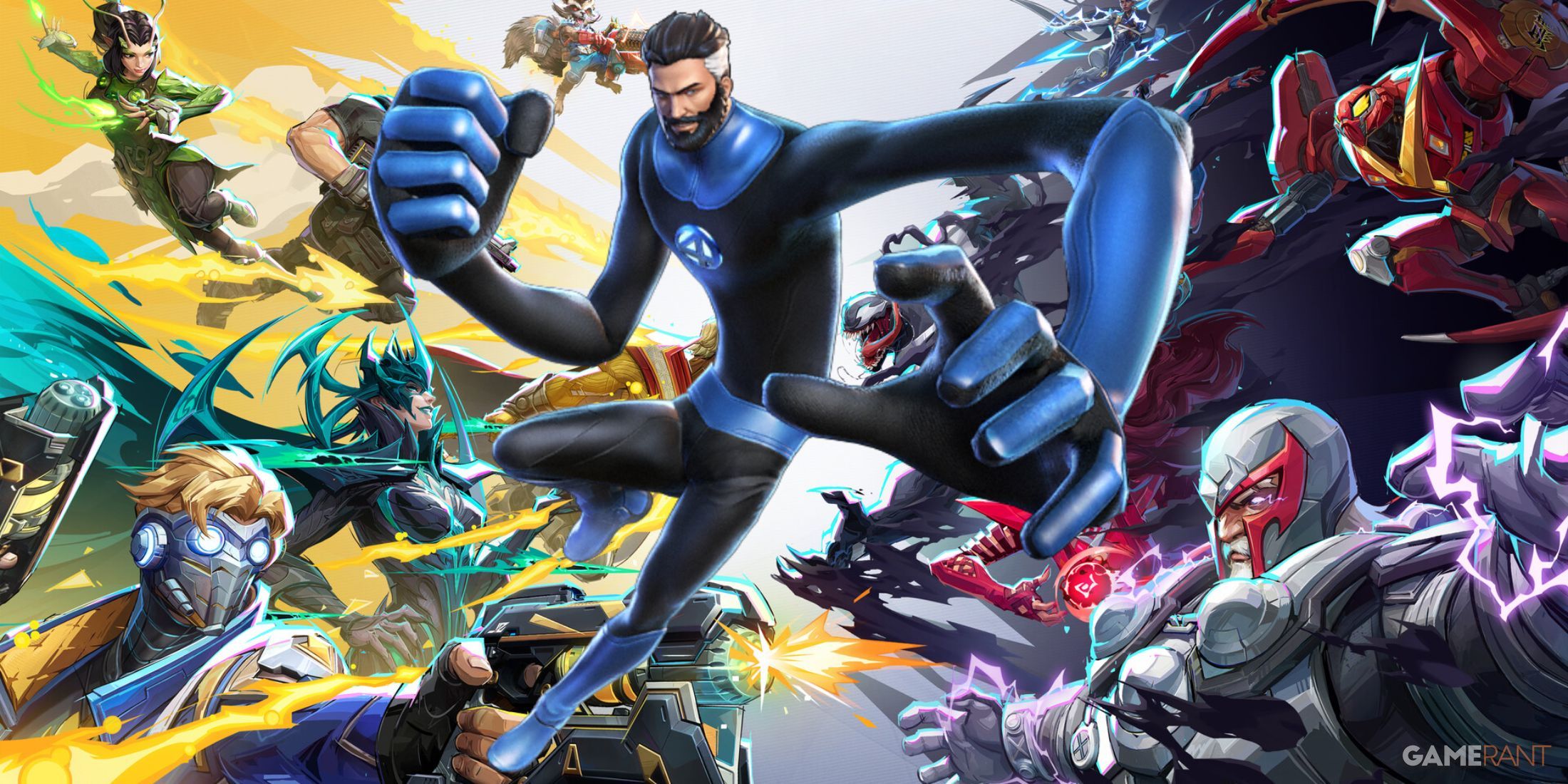 Official art of the launch roster for Marvel Rivals split by the Mr. Fantastic render from Ultimate Alliance 3