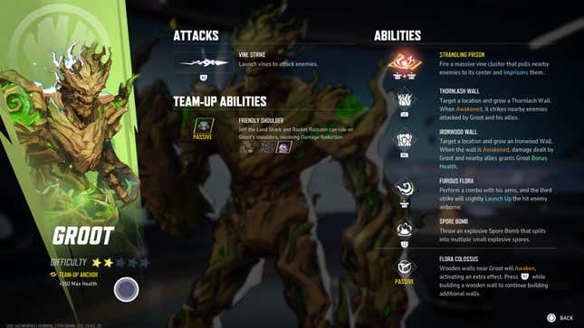 The Hero Profile page for Groot, shows his Team-Up Anchor Season Bonus in the bottom left.