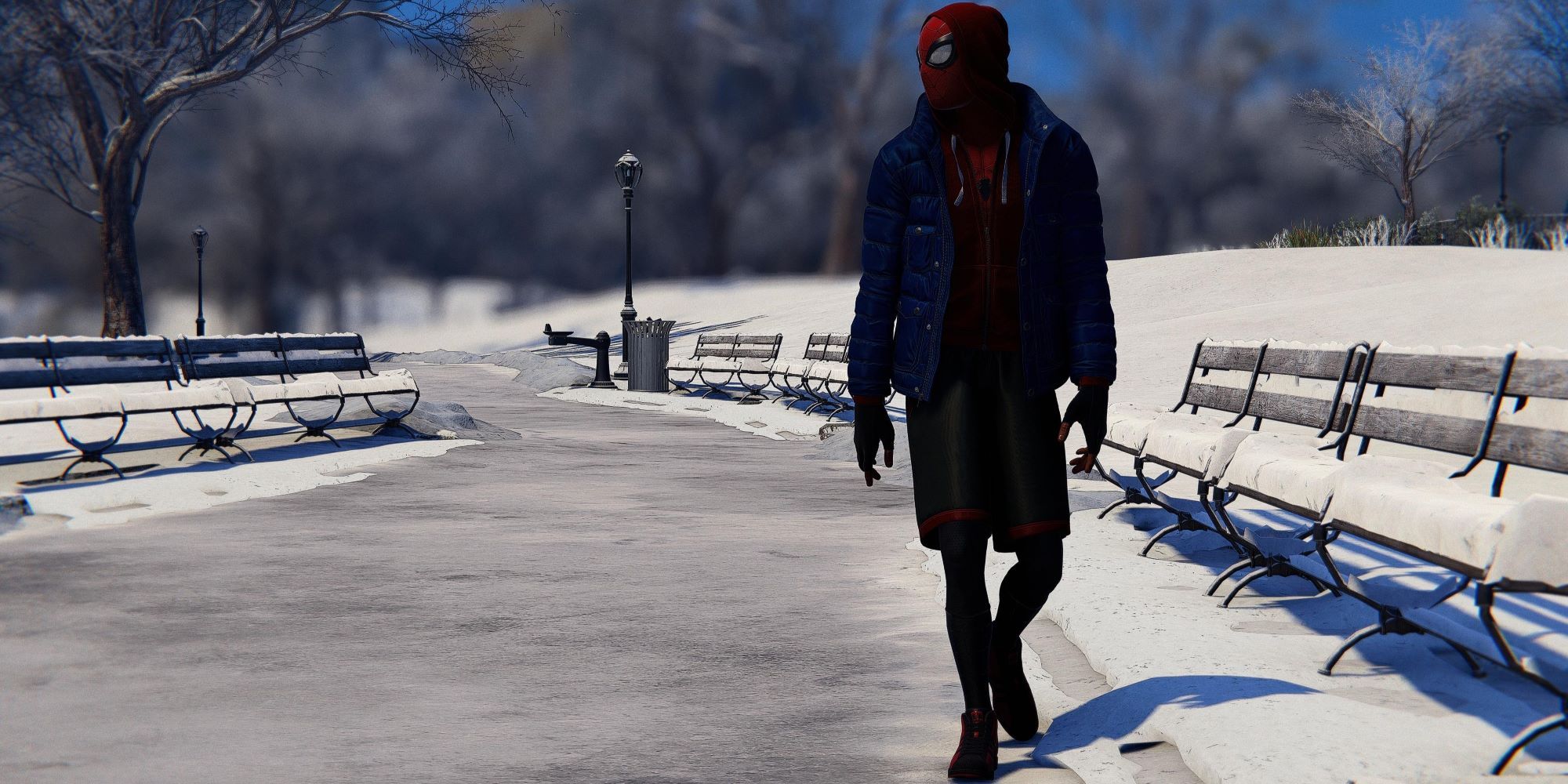 Marvel's Spider-Man Miles Morales, Miles walking around Central Park in the Snow