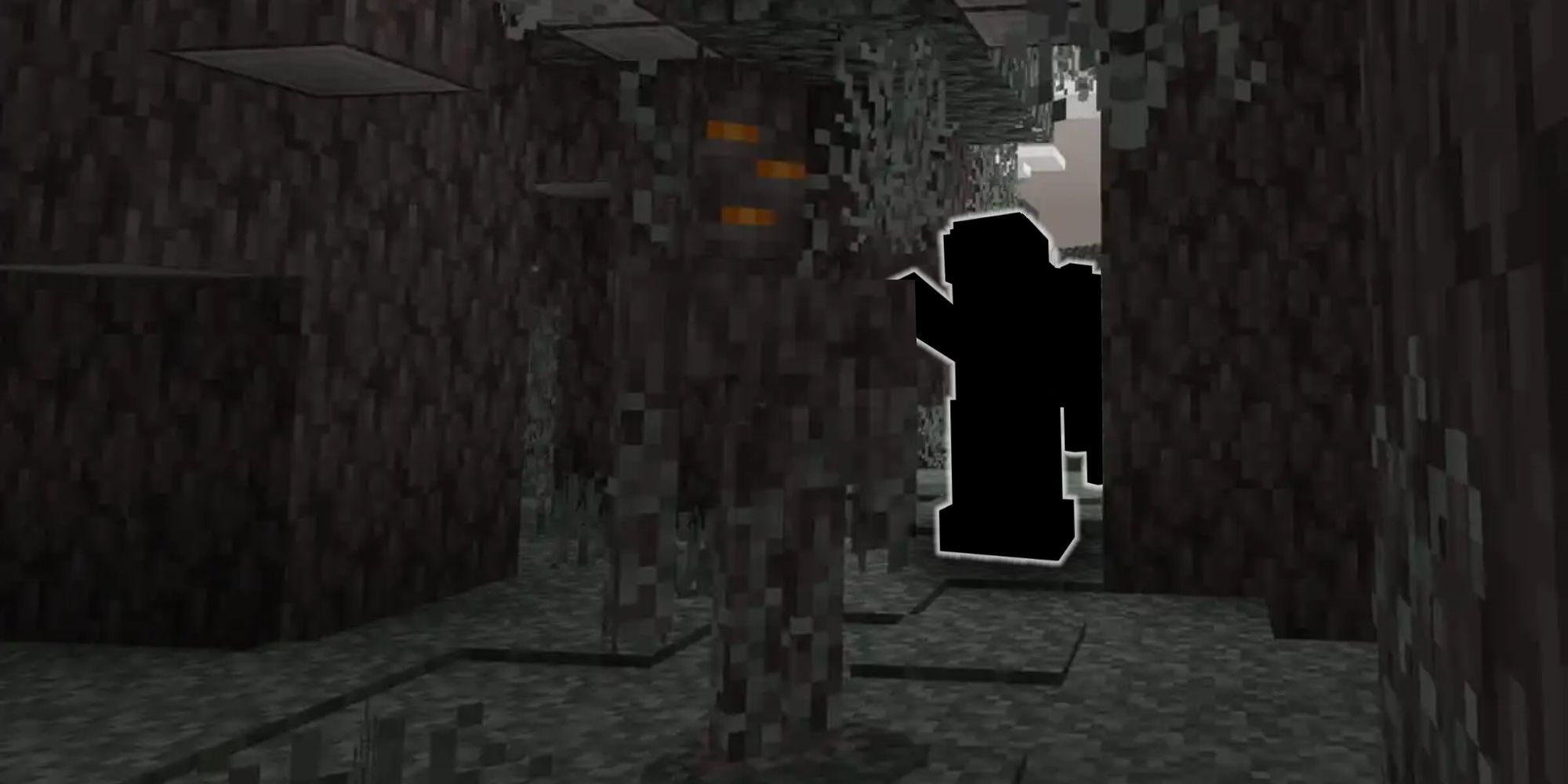 Minecraft's Creaking mob with the silhouette of a Weeping Angel behind it.