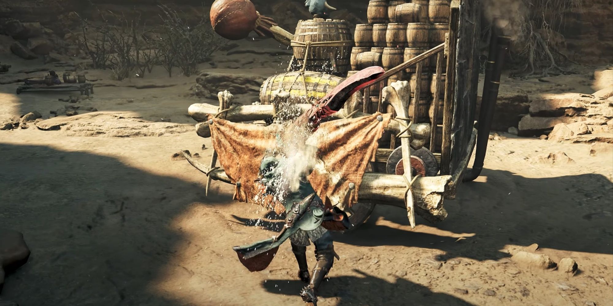 A Hunter landing a true charged slash with a greatsword on a dummy in Monster Hunter Wilds.