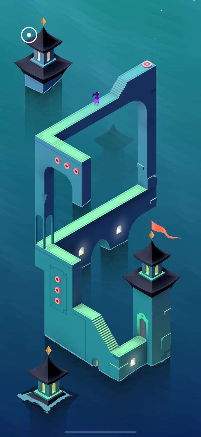 Fantastical geometrical architecture in Monument Valley 3. A series of angular walls float in water.