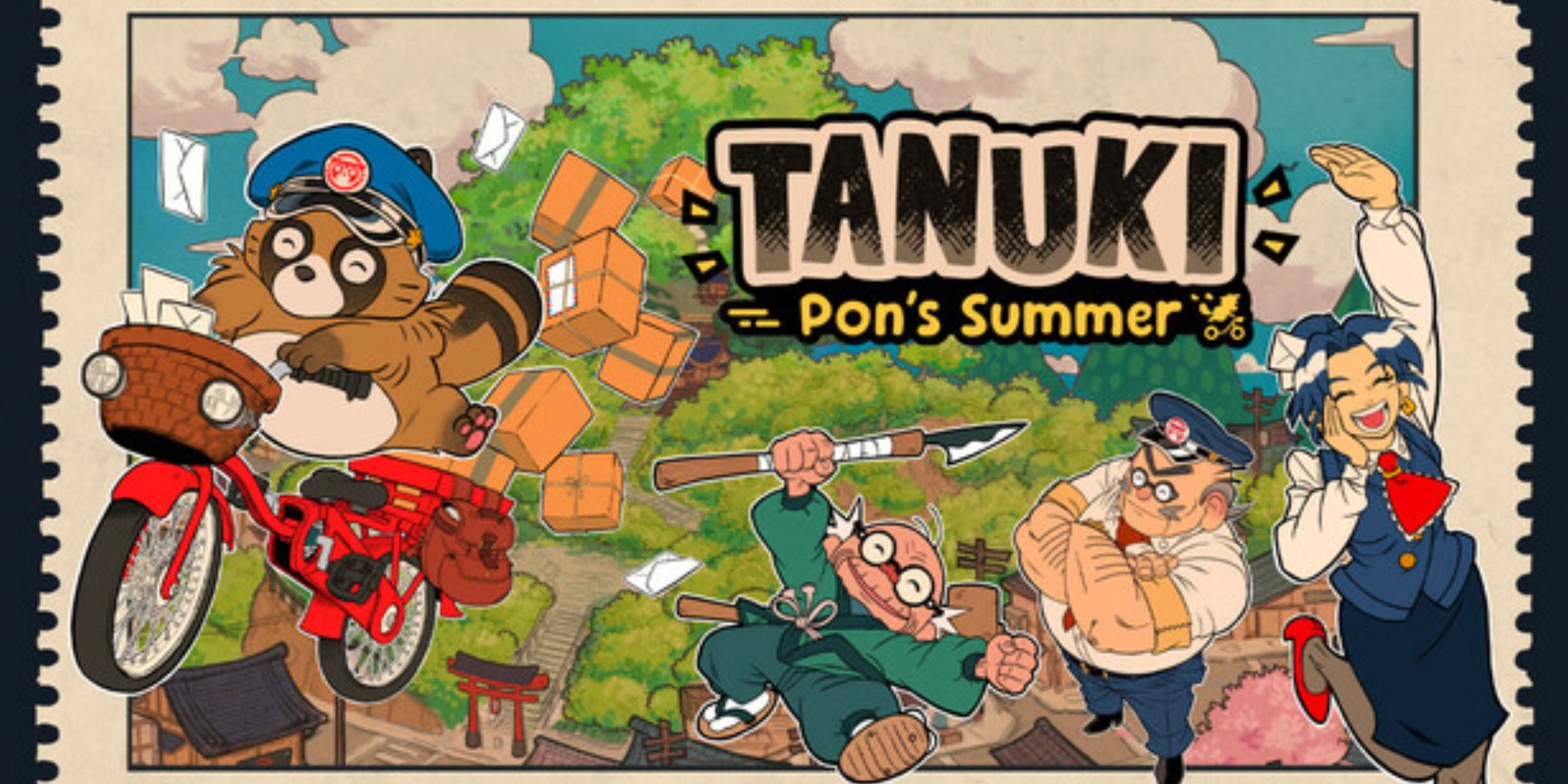 Various characters in Tanuki Pon's Summer with greenery and a blue sky in the background.