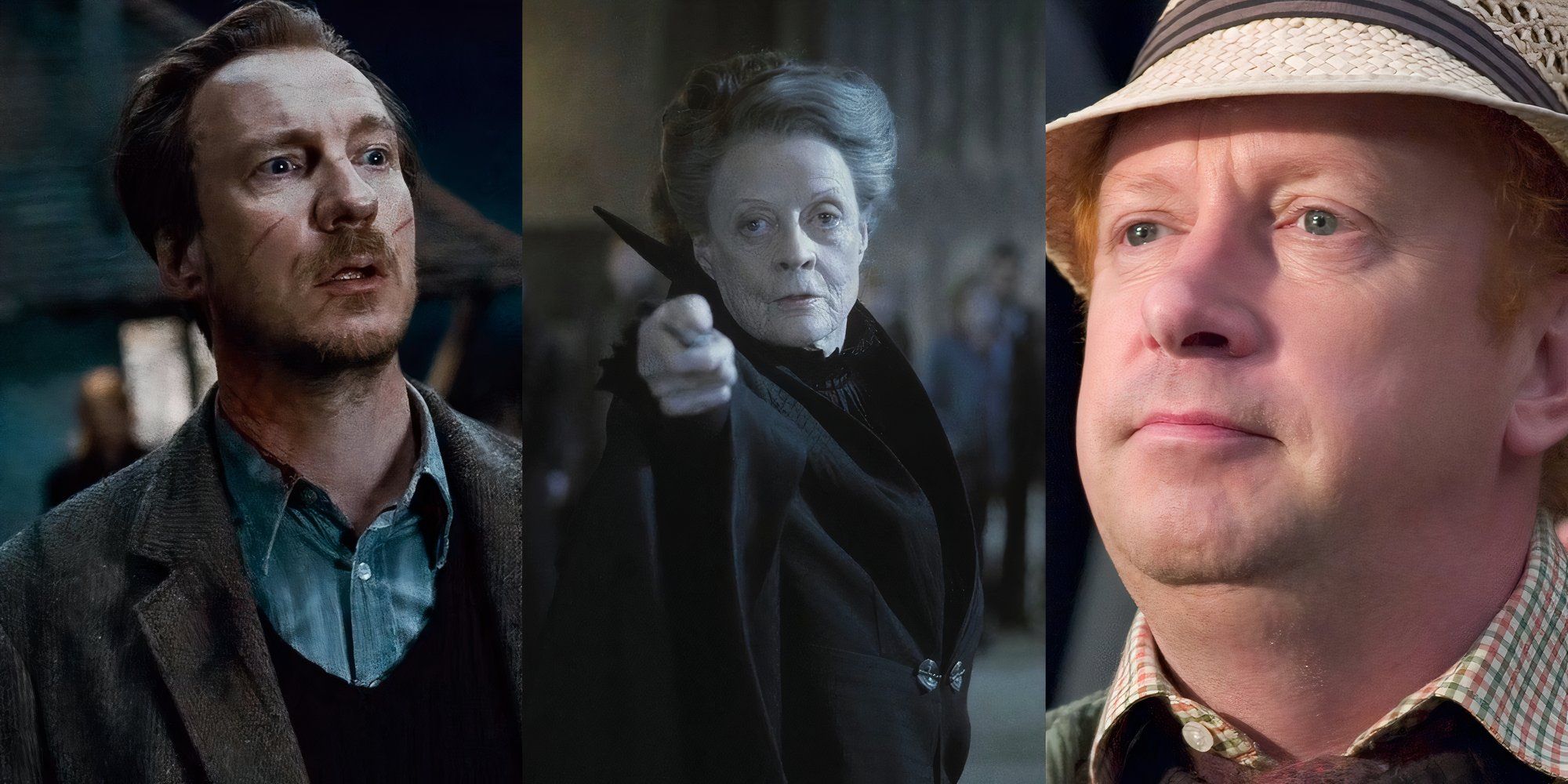 Remus Lupin at the Weasley residence, Maggie Smith as Minerva McGonagall pointing her wand, and Arthur Weasley in Harry Potter