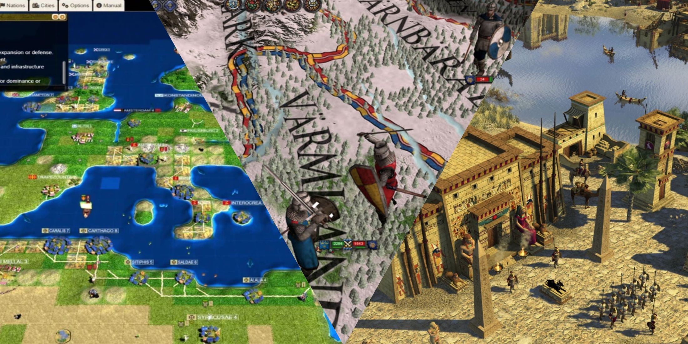 Freeciv, Crusader Kings 2, 0 A.D. mixed gameplay collage