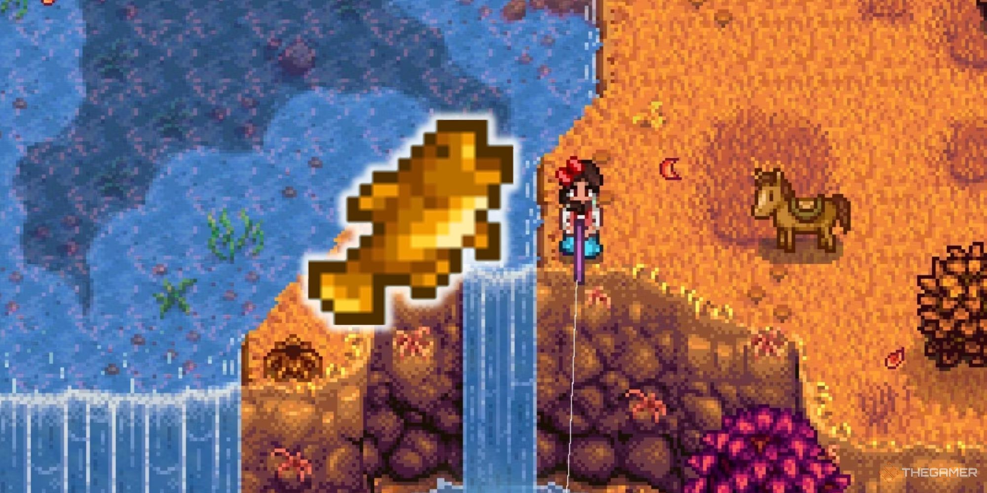 Stardew Valley player catching a Goby fish at the waterfall.