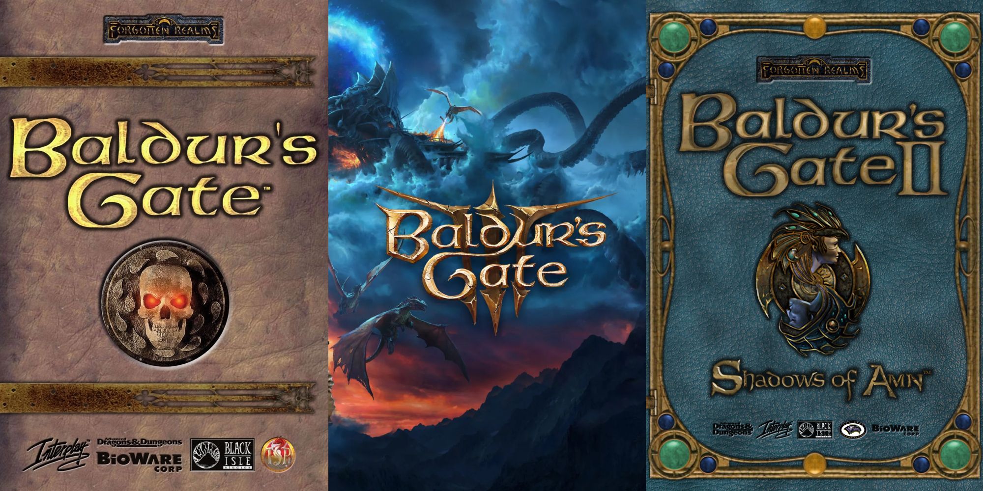 Split image of cover art for the three main BG games.