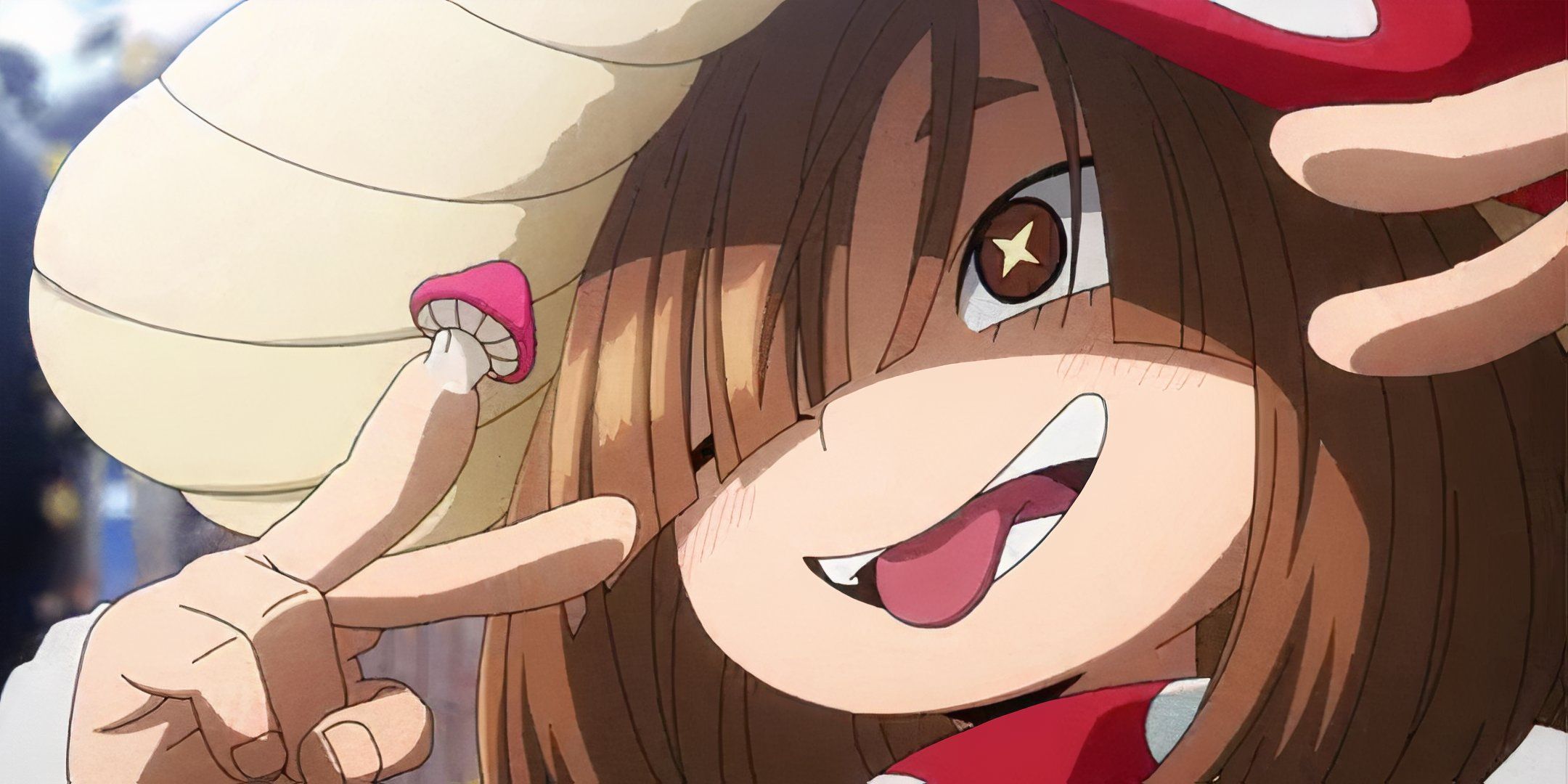 Kinoko Komori smiling with her tongue out and a mushroom growing on her fingertip in My Hero Academia.