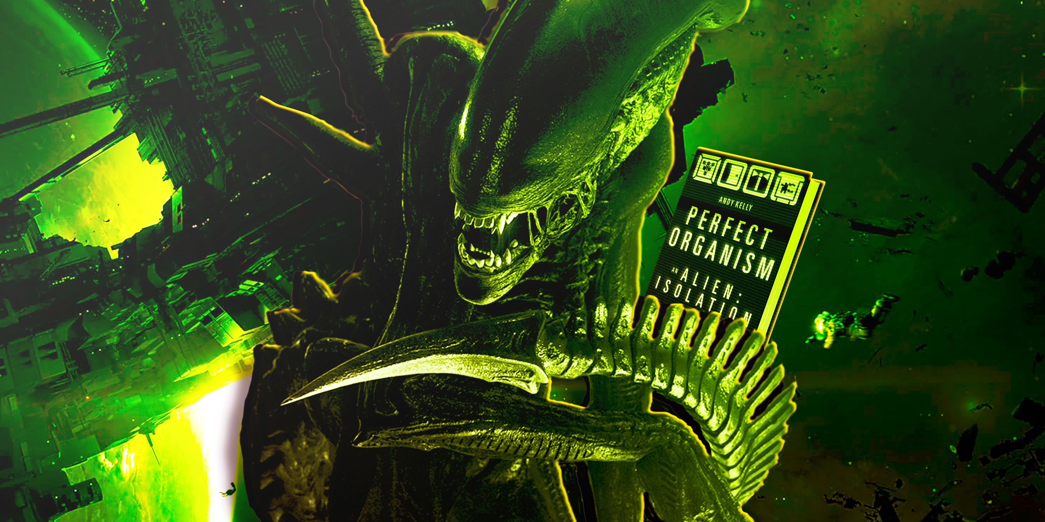 The xenomorph grabbing a copy of the Perfect Organism book with its tail