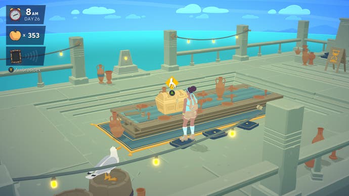 A screenshot from Mythwrecked showing the lead character looking at a treasure chest on an empty table. An icon of a hand and an 