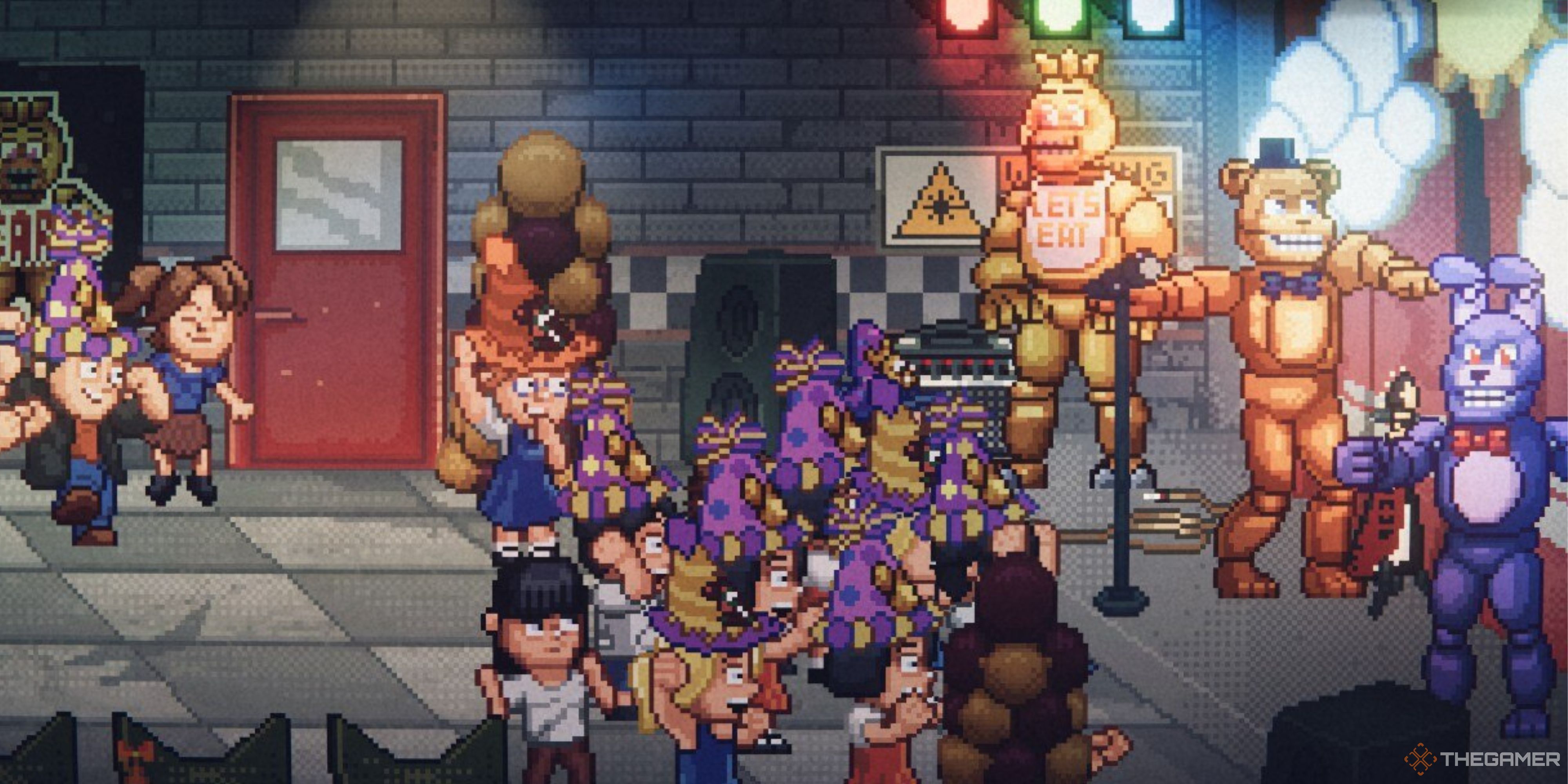 Freddy Fazbear, Bonnie, and Chica perform onstage for a large group of kids in Five Nights at Freddy's Into The Pit.