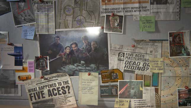 A wall of newspaper clippings and a photograph of the Five Aces.