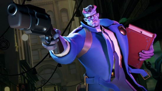 New Deadlock tool uncovers meta builds based on real player stats: A blue-skinned demon man wearing a police jacket raises a gun towards the camera