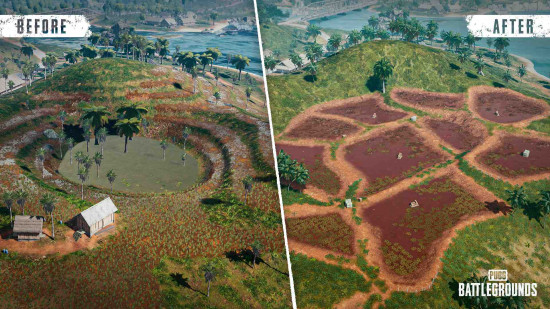 PUBG Battlegrounds update 33.1: A side-by-side comparison of an area of Sanhok, with the old version featuring a large ditch while the new one has a large field.