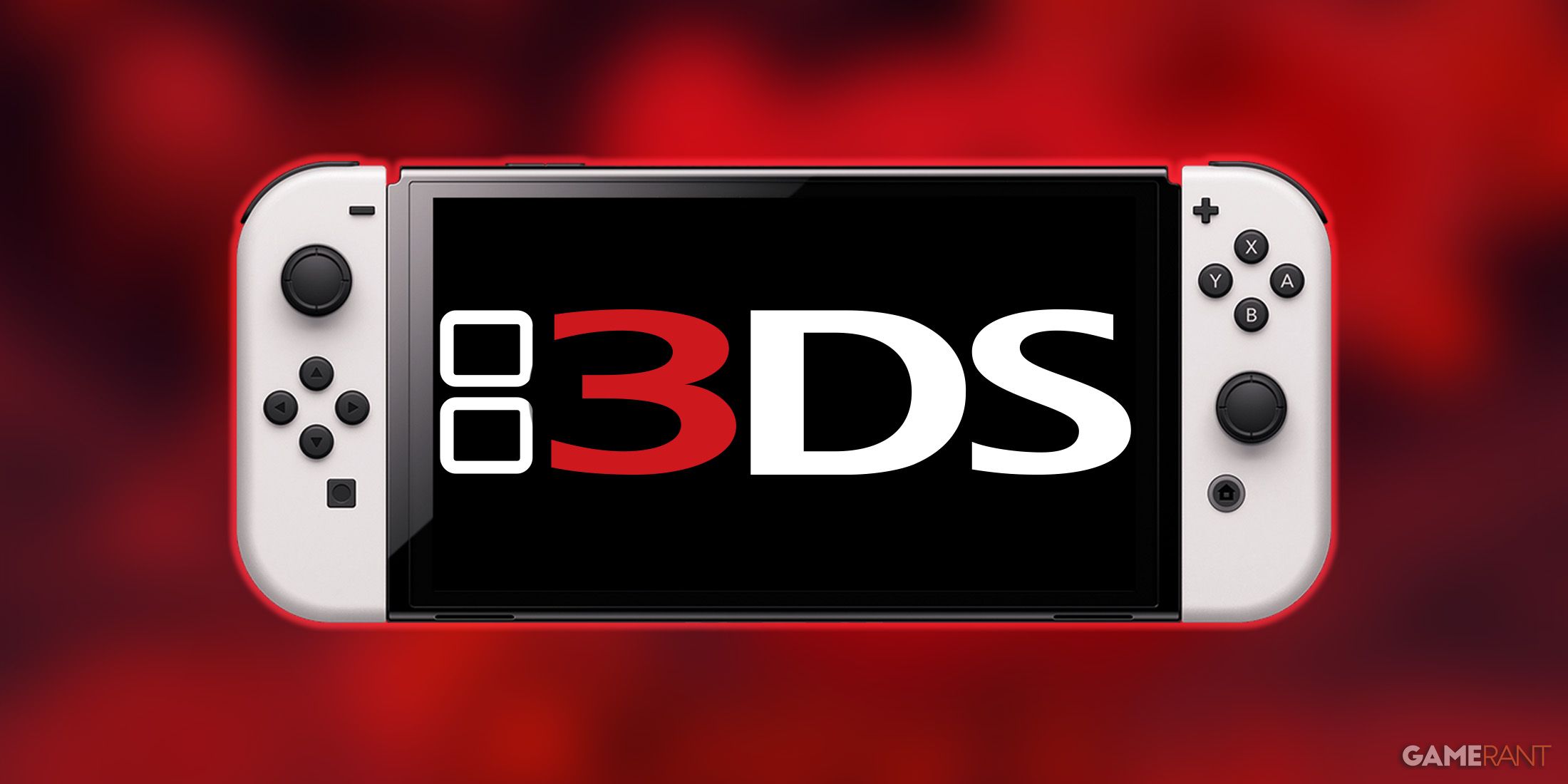 Nintendo Switch OLED Model displaying 3DS logo in front of blurred and red-tinted Kirby Planet Robobot key art