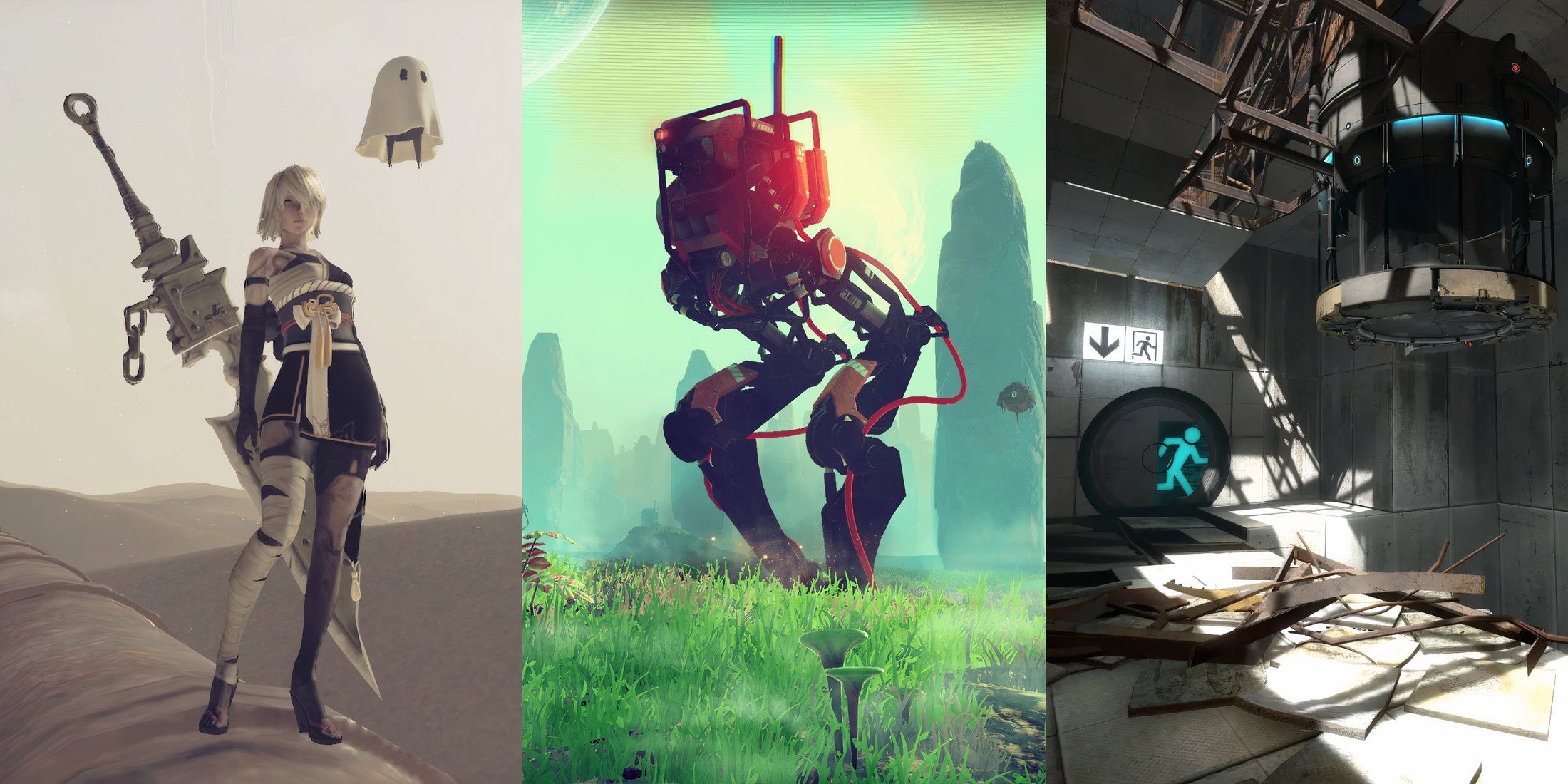 Split image showcasing 2B in a desert, a robot walker on a planet in No Man's Sky, and a Portal level with various architecture.