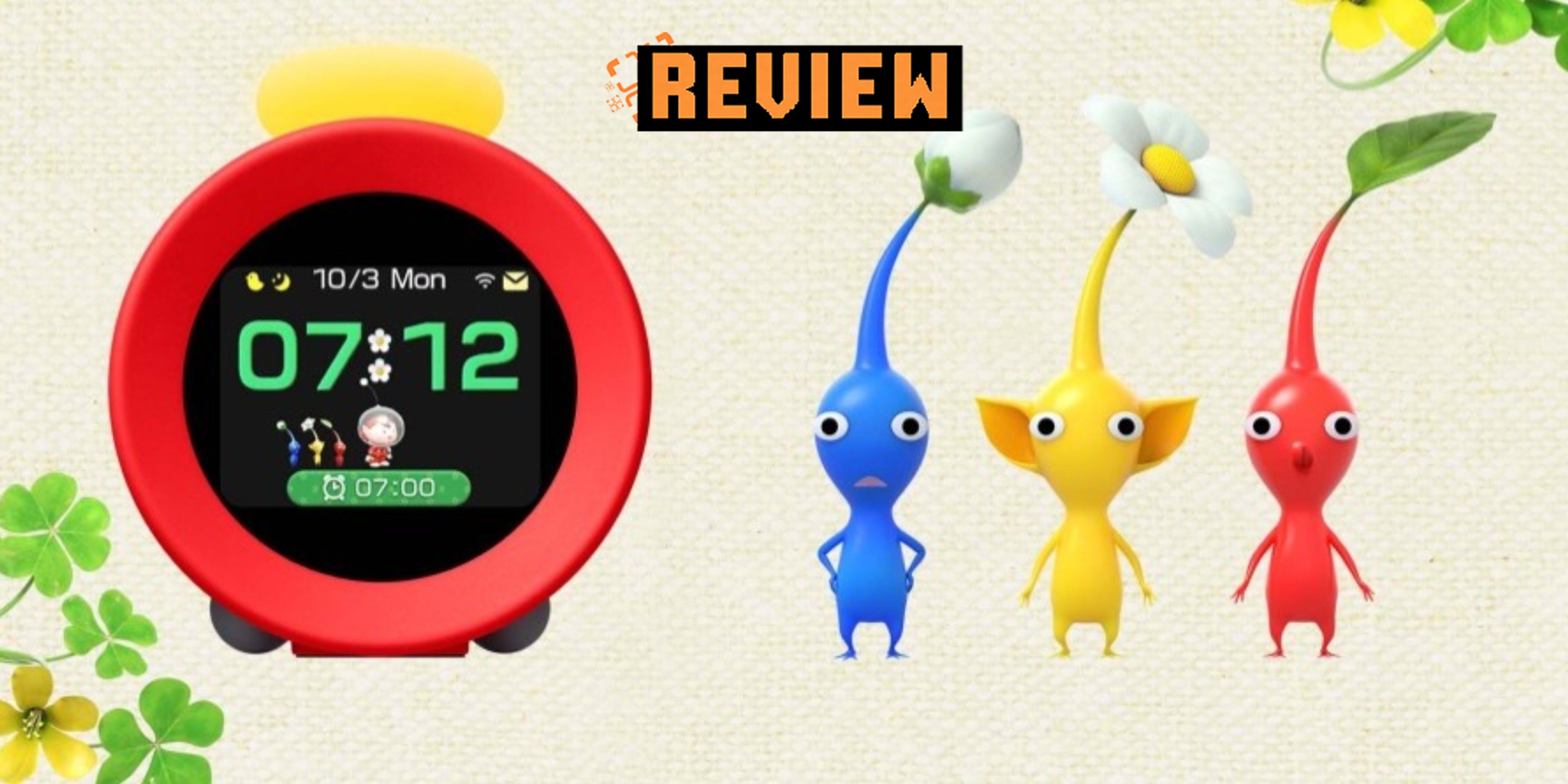 nintendo alarmo clock alongside blue, yellow, and red pikmin