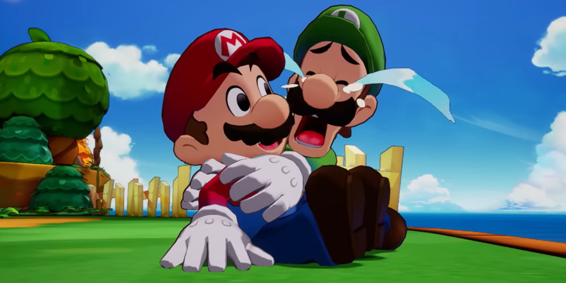 Mario and Luigi hugging each other, the latter crying