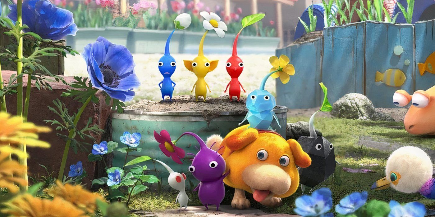 Several different colored Pikmin standing together from Pikmin 4.