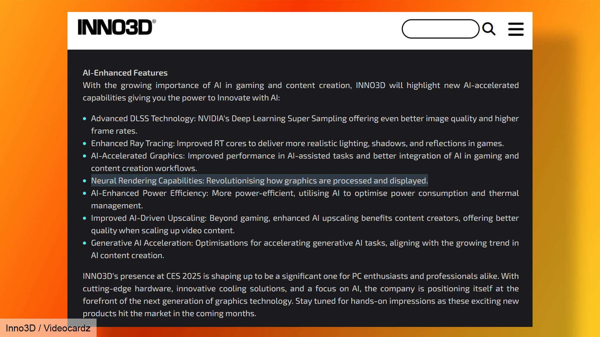 Inno3D CES 2025 leak suggesting Nvidia GeForce RTX 5000 features. Source: Videocardz.