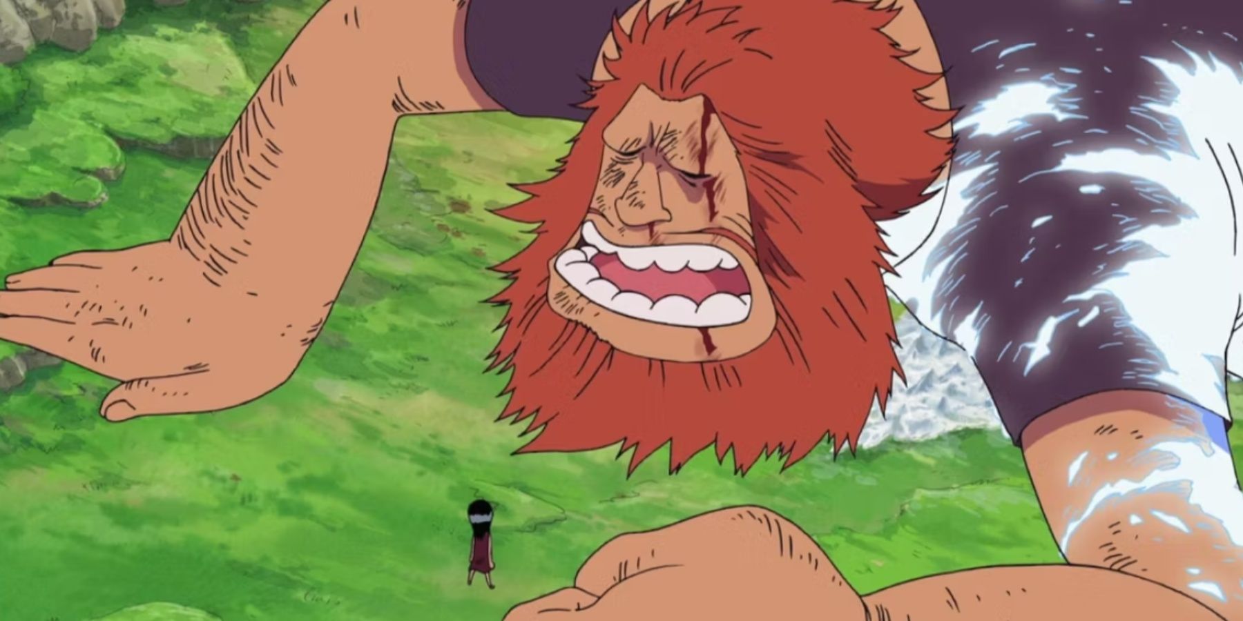 Jaguar D. Saul begging Young Robin to run during the Ohara Buster Call in One Piece