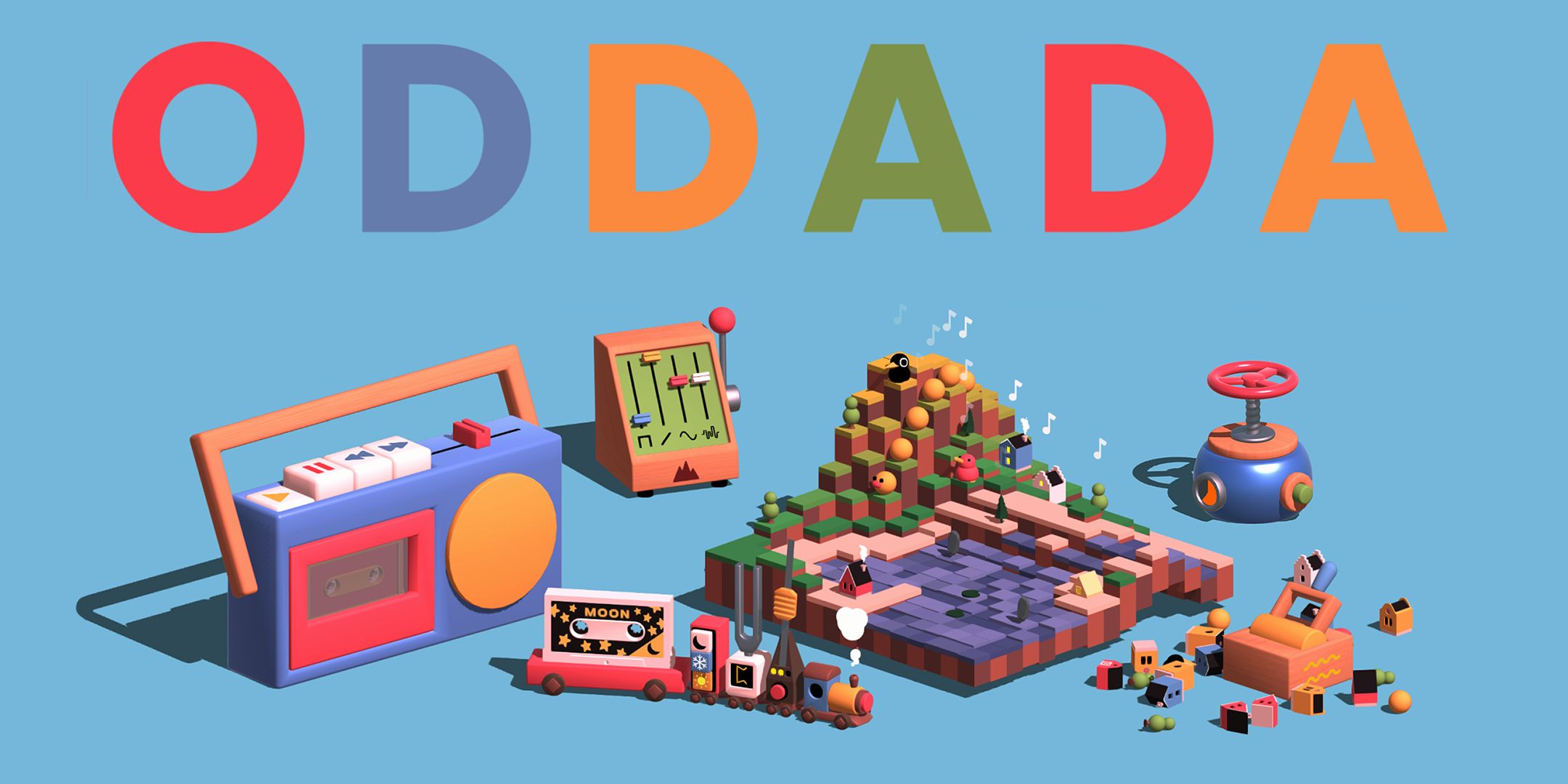 Oddada key art showing the game title, along with set pieces like maps, a boombox, a train, and more.