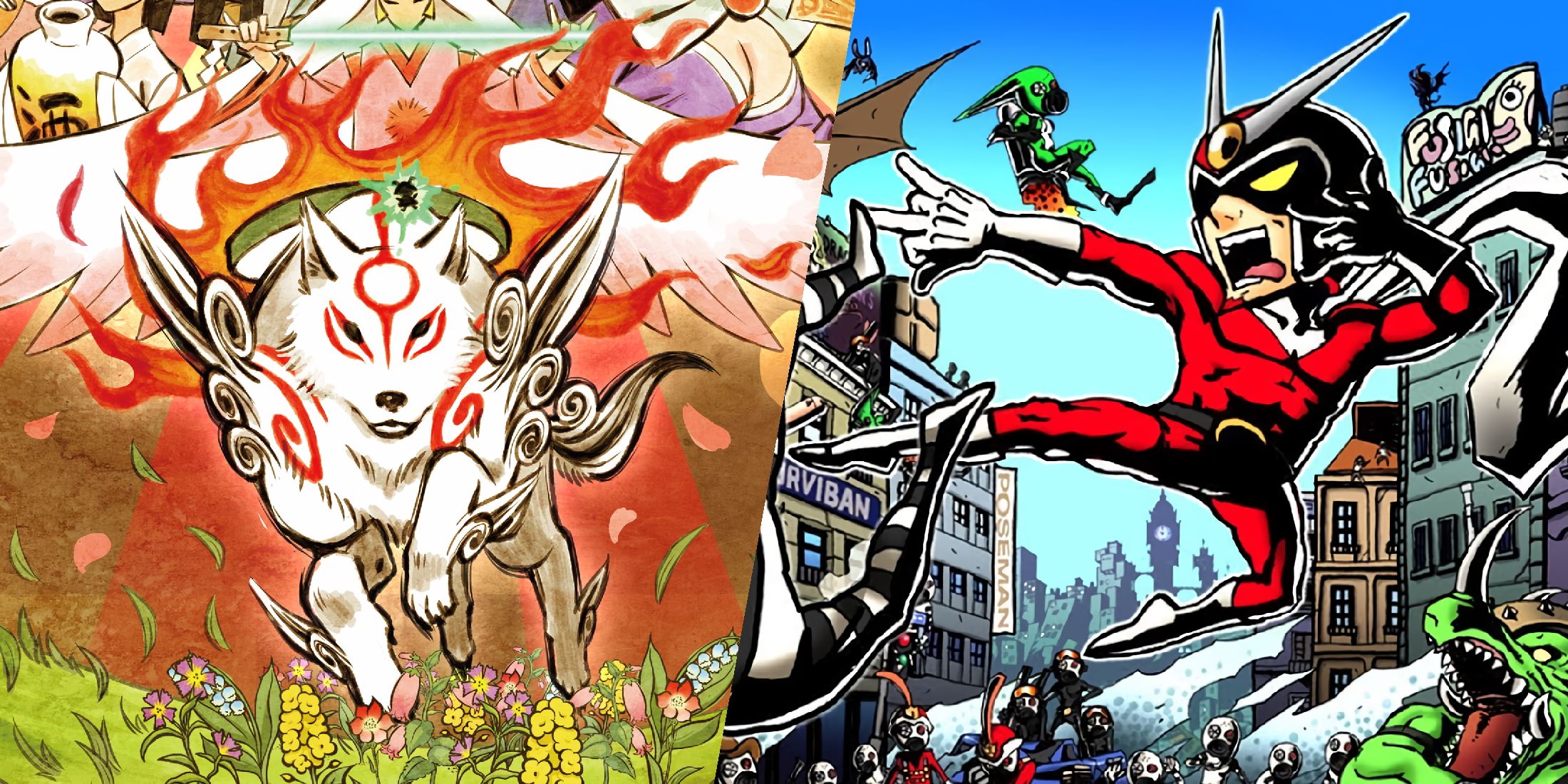 A side-by-side image of the promotional arts for Okami HD and Viewtiful Joe.