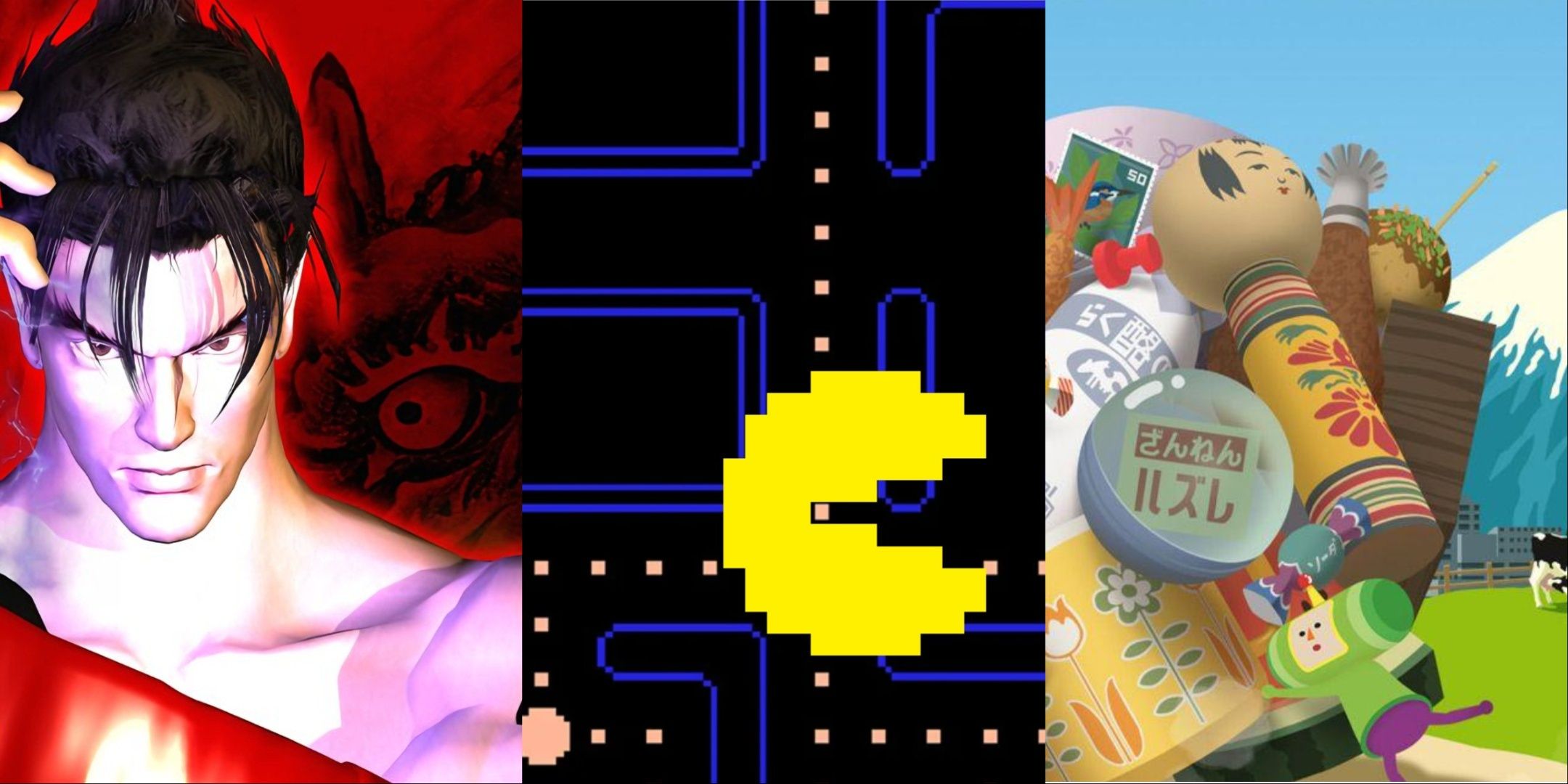 Jin Kazama left, PacMan Middle, Katamari Damacy right