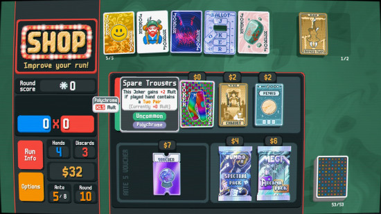 Favourite Balatro Jokers: a screen showing various special playing cards, with one called Spare Trousers highlighted.