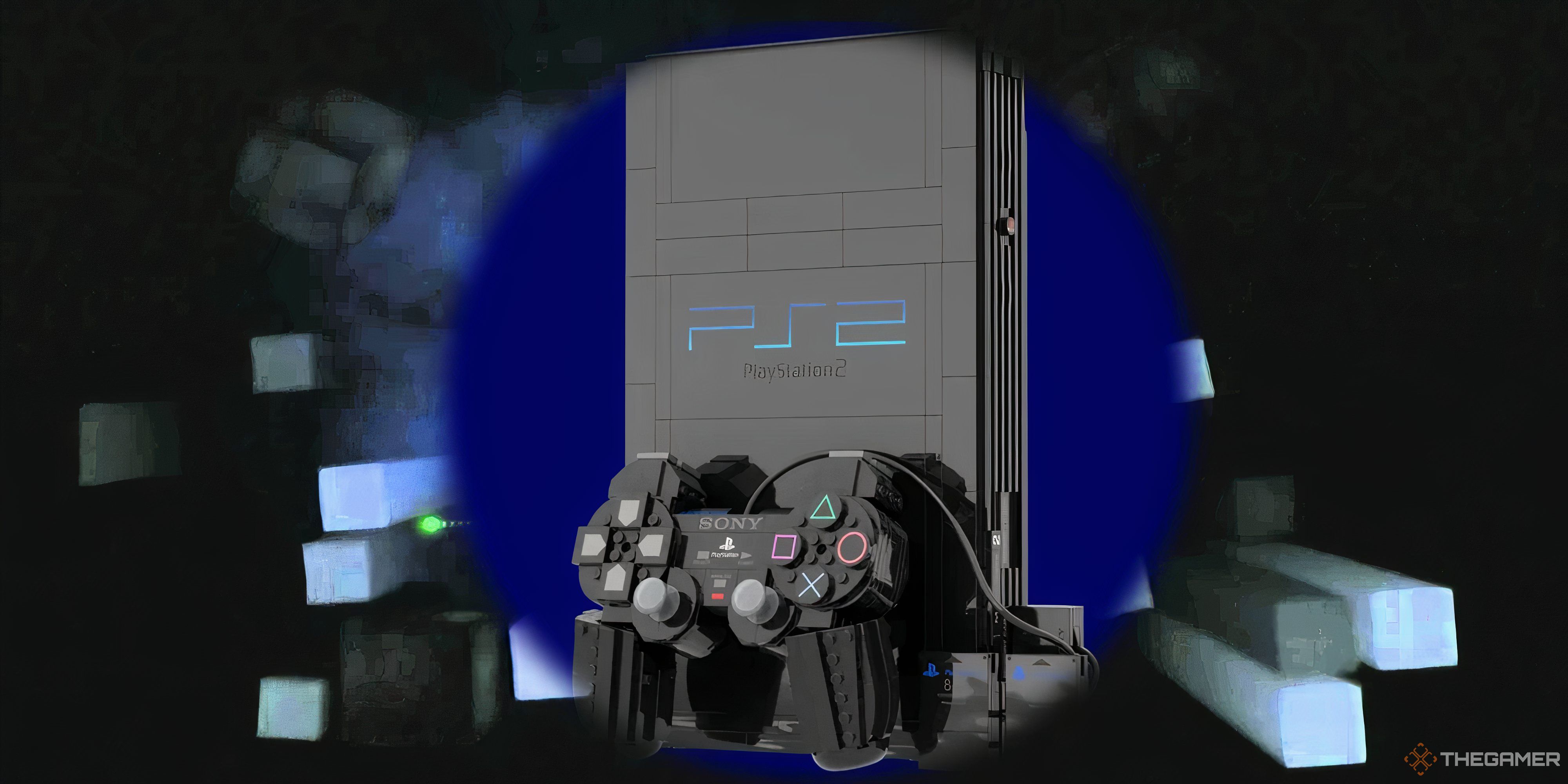 concept for a lego ps2 with controller on a ps2 startup screen background.