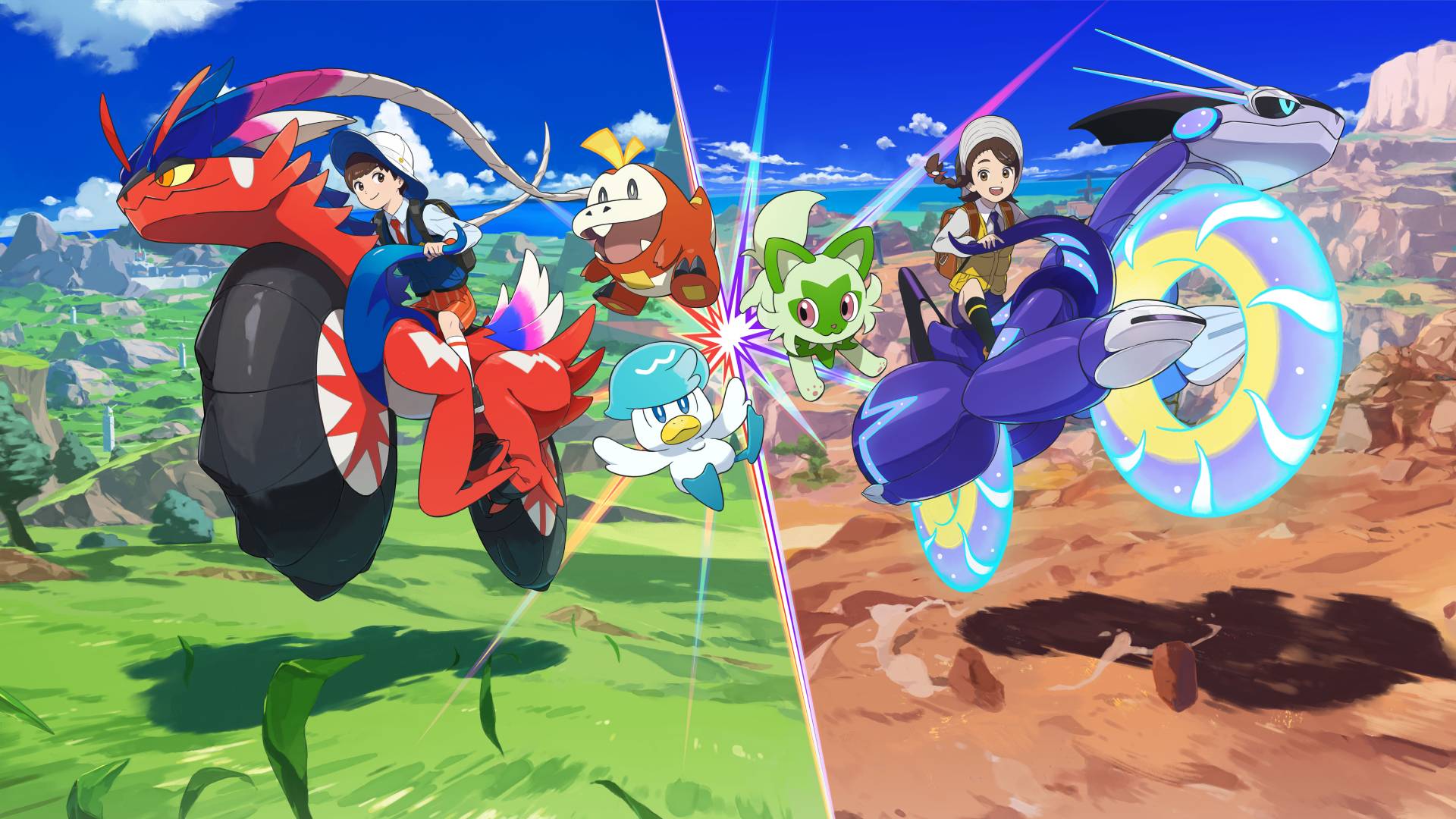 Pokemon Scarlet and Violet key art showing a male trainer riding on Koraidon's back, and a female trainer on Miraidon's back, surrounded by starter Pokemon Fuecoco, Quaxly and Sprigatito.